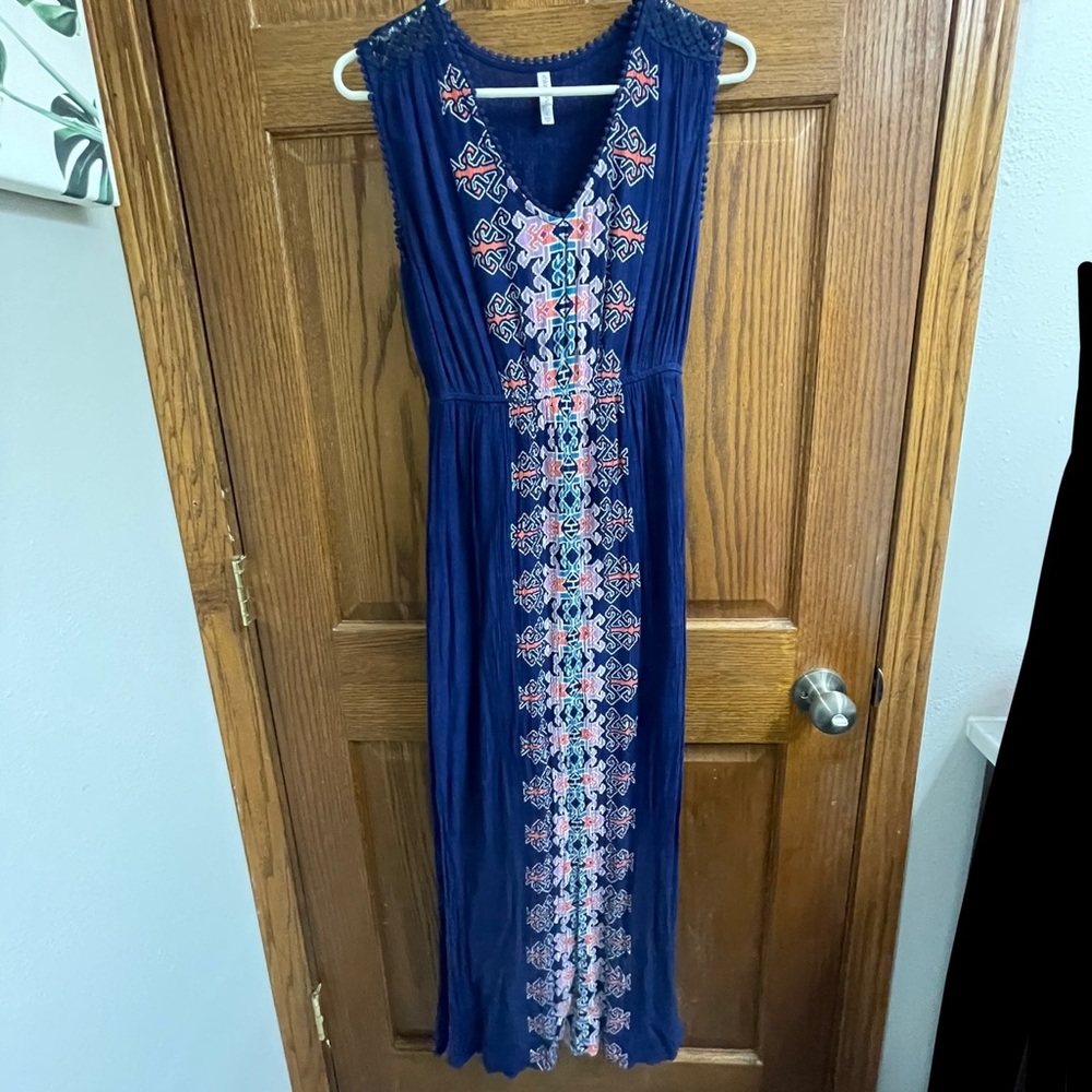 Navy Blue Printed Maxi Dress - Smalll